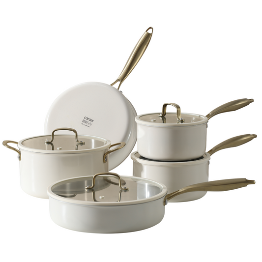 CAROTE Tri-Ply Stainless Steel Cookware Set, 9 Pcs Stainless Steel Pots and Pans Set Non Stick with Tempered Glass Lids, Stay-Cool Golden Handles, Dishwasher and Oven Safe up to 500°F