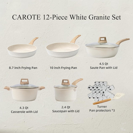 CAROTE 12 件式鍋碗瓢盆套裝，不沾鍋具套裝電磁炊具，白色花崗岩不沾鍋烹飪套裝帶煎鍋和平底鍋（不含 PFOS、PFOA）