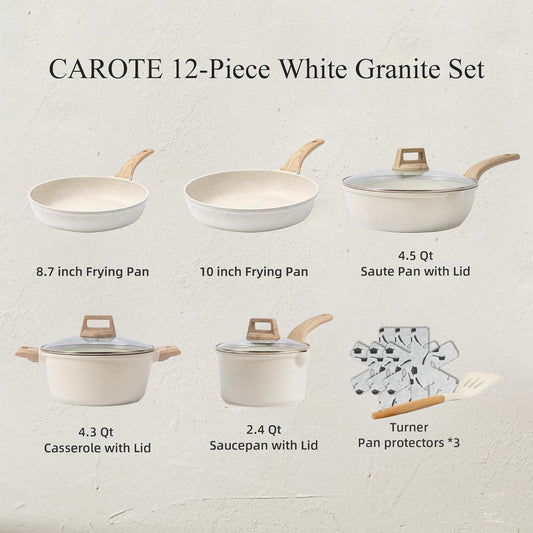 CAROTE 12 Pcs Pots and Pans Set，Nonstick Cookware Sets Induction Cookware, White Granite Non Stick Cooking Set w/Frying Pans & Saucepans(PFOS, PFOA Free)