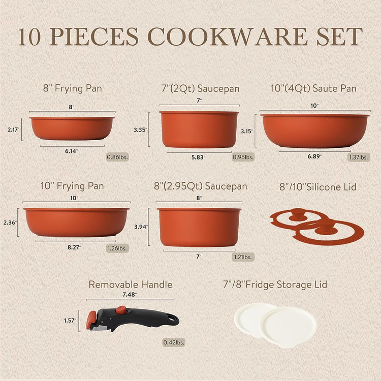 CAROTE 10-Piece Nonstick Cookware Set with Detachable Handles - Elegant Red