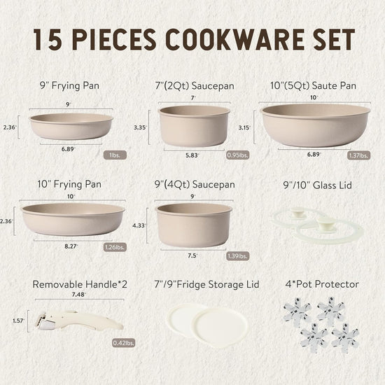 CAROTE 15-Piece Nonstick Cookware Set with Detachable Handles - Classi