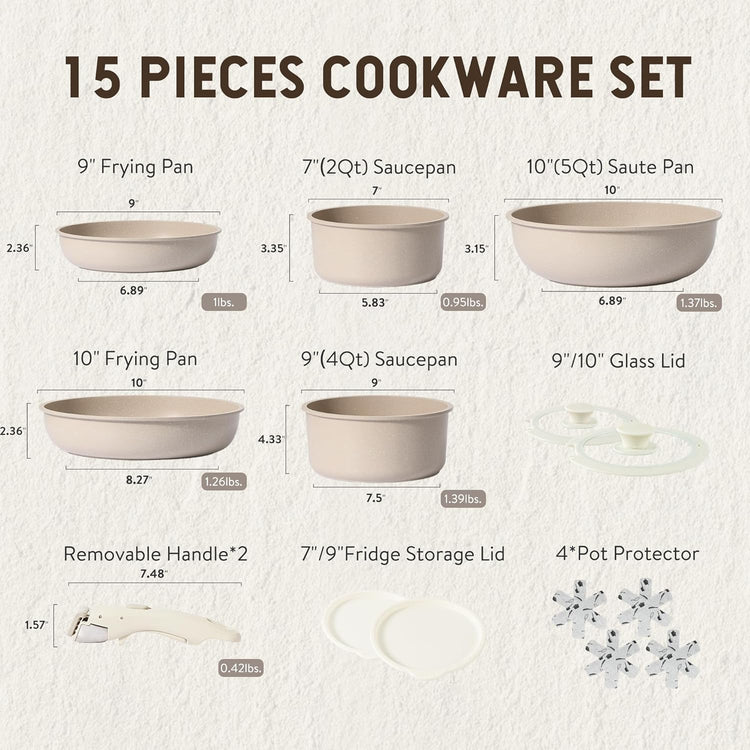 CAROTE 15-Piece Nonstick Cookware Set with Detachable Handles - Classic Taupe