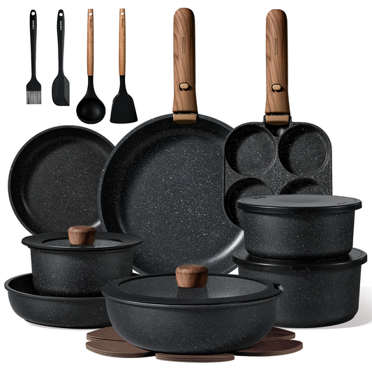 CAROTE 25pcs Pots and Pans Set Non Stick, Cookware Sets, Kitchen Set, Oven/Dishwasher/Fridge Safe, Space Saving Pots Set, Nonstick Set with Versatile Detachable Handle, Induction RV Set, Black