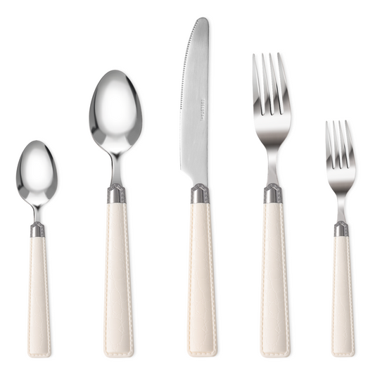 Carote Silverware Set for 4, 20 Pcs Stainless Steel Flatware Set, Mirror Polished Cutlery Utensil Set Including Knife Fork Spoon with Leather Patterned ABS Handle, White