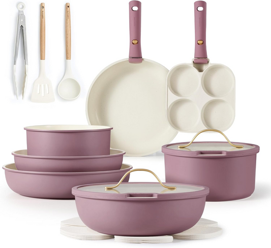 CAROTE 19pcs Pots and Pans Set, Nonstick Cookware Set Detachable Handle, Induction Kitchen Cookware Sets Non Stick with Removable Handle, RV Cookware Set, Gold and Purple