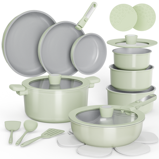 CAROTE 25pcs Ceramic Cookware Set, Pots and Pans Set Non Stick, Induction Kitchen Cookware Sets, Non Stick RV Cookware Set with Detachable Handle, Dishwasher/Oven Safe Cookware Set, Green