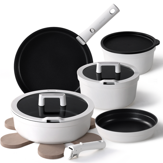 Carote 14Pcs Cookware Set with Detachable Handle, White and Black