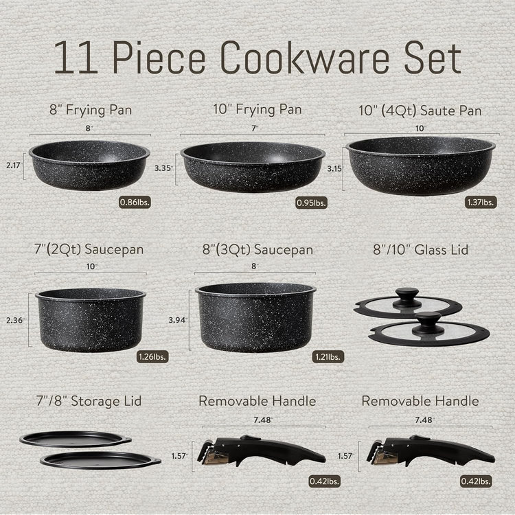 CAROTE 11pcs Black Removable Handle Pots and Pans Set Detachable Cookware set