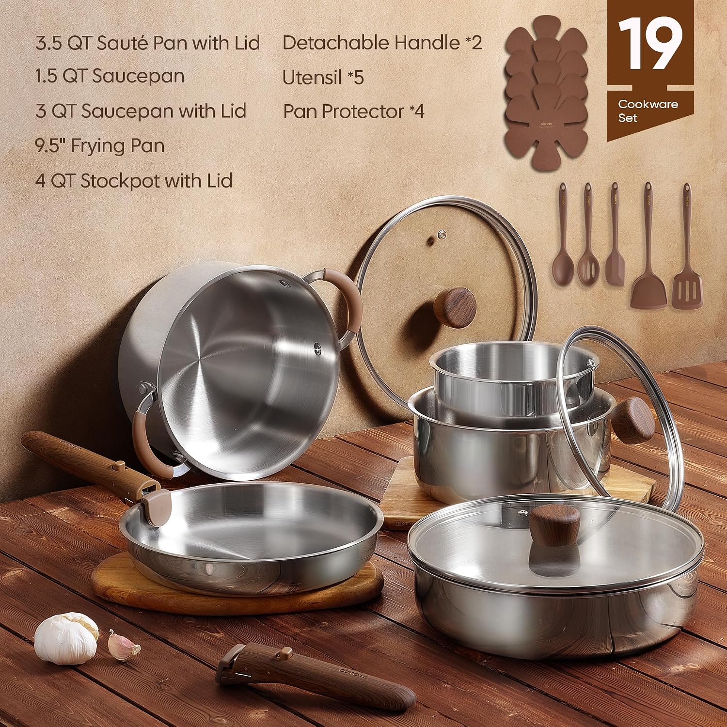 Tri-Ply Stainless Steel Detachable Cookware Set（19-Piece）