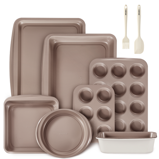 CAROTE 9-Piece Nonstick Stackable Baking Pans Set - Bakeware Sets Including Cookie Sheets for Baking, Muffin Pan, Bread Pan, Cake pan, Loaf Pan, Roasting Pan, Taupe & White