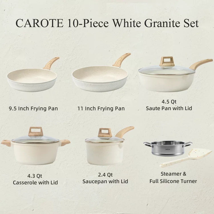 Carote Nonstick Pots and Pans Set, 10 Pcs Granite Stone Kitchen Cookware Sets (White)