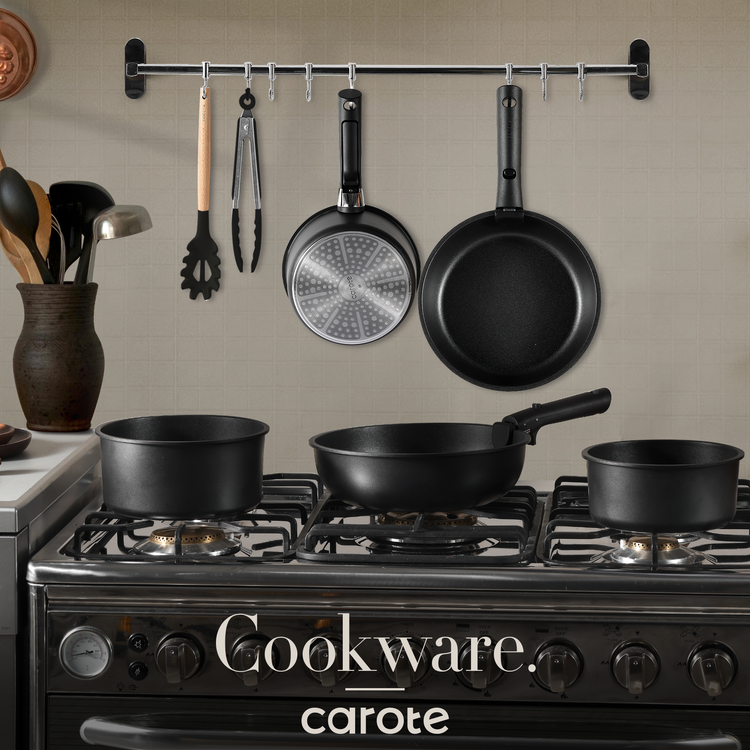 CAROTE 11 件鍋碗瓢盆套裝，不沾鍋炊具套裝，可拆卸手柄，電磁廚房炊具套裝，不沾鍋，帶可拆卸手柄，RV 炊具套裝，烤箱安全炊具套裝，純黑色