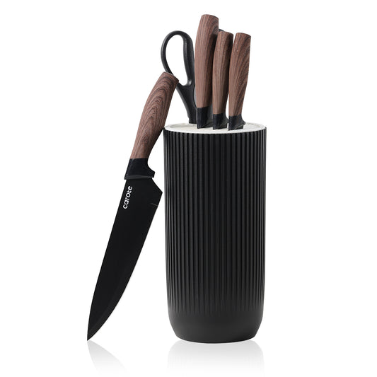 CAROTE 6Pcs Knife Set with Block, High Carbon Stainless Steel Sharp Blade Block Knife Set, Cutlery with Ceramic Surface, Black