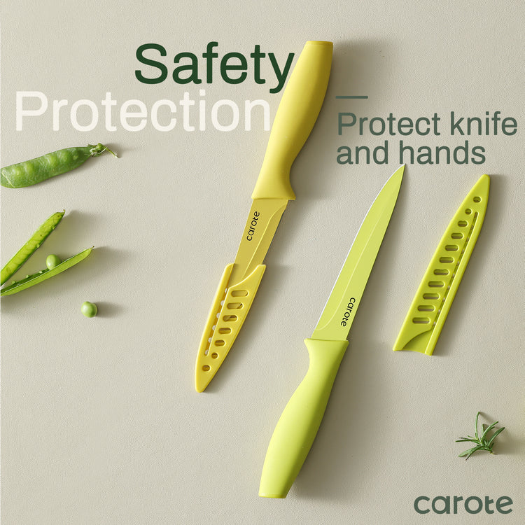 CAROTE 12 Pieces Stainless Steel Kitchen Knives,Anti-Rust Creamic Coating with 6 Blade Guards, Dishwasher Safe Knife,Green