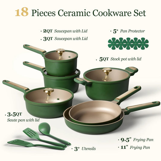 Carote 18-Piece Pots and Pans Set, Nonstick Cookware with Lids, Induction Compatible, Kitchen Cooking Set with Utensils & Protectors, Green