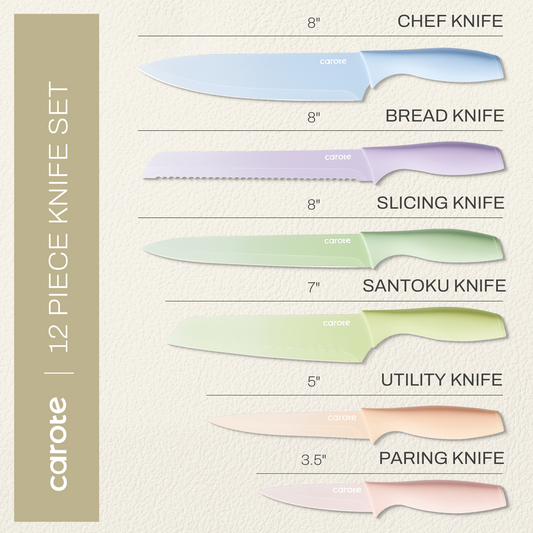 CAROTE 12Pcs Kitchen Knife Set, Stainless Steel Blade with Ceramic Nonstick Coating, Cutlery Knives with Blade Guards, Dishwasher Safe, Multicolored