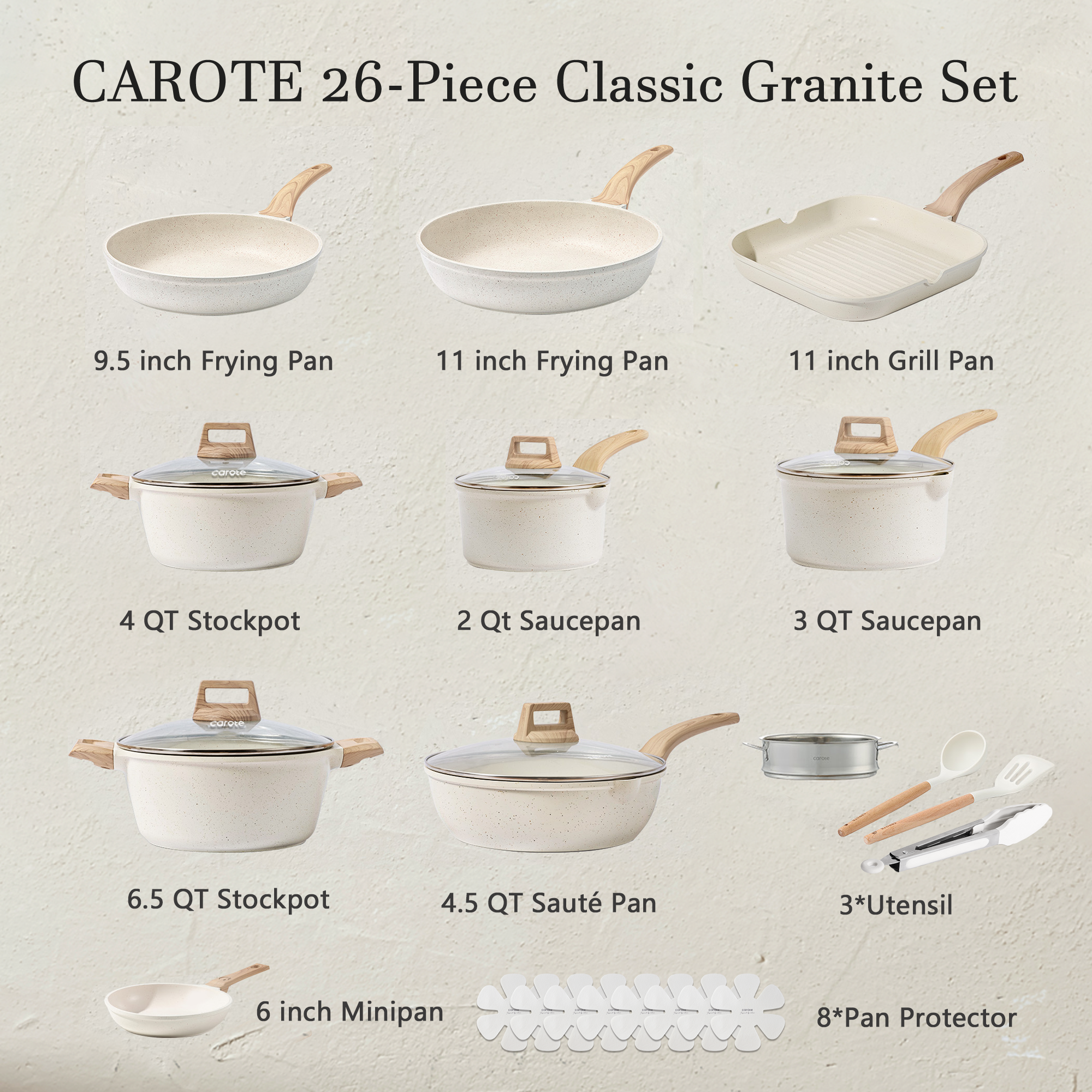 CAROTE Pots and Pans Set Nonstick, Cookware Set Induction Kitchen Cooking Set 26pcs w/Frying Pans & Saucepans& Grill Pan