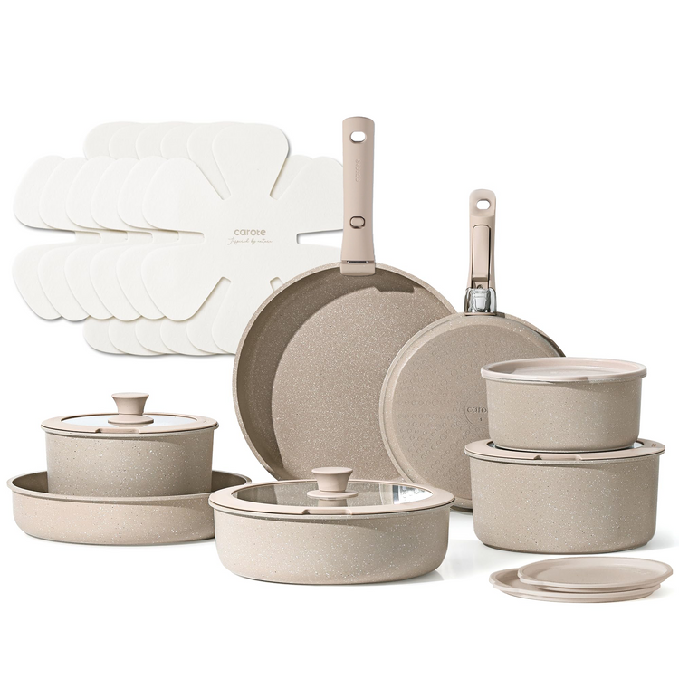 Carote Nonstick Cookware Sets, 21 Pcs Granite Non Stick Pots and Pans with Removable Handle (Taupe)