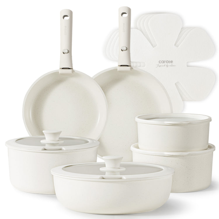 Carote Nonstick Cookware Sets, 17 Pcs Non Stick Pots and Pans Set with Removable Handle, White