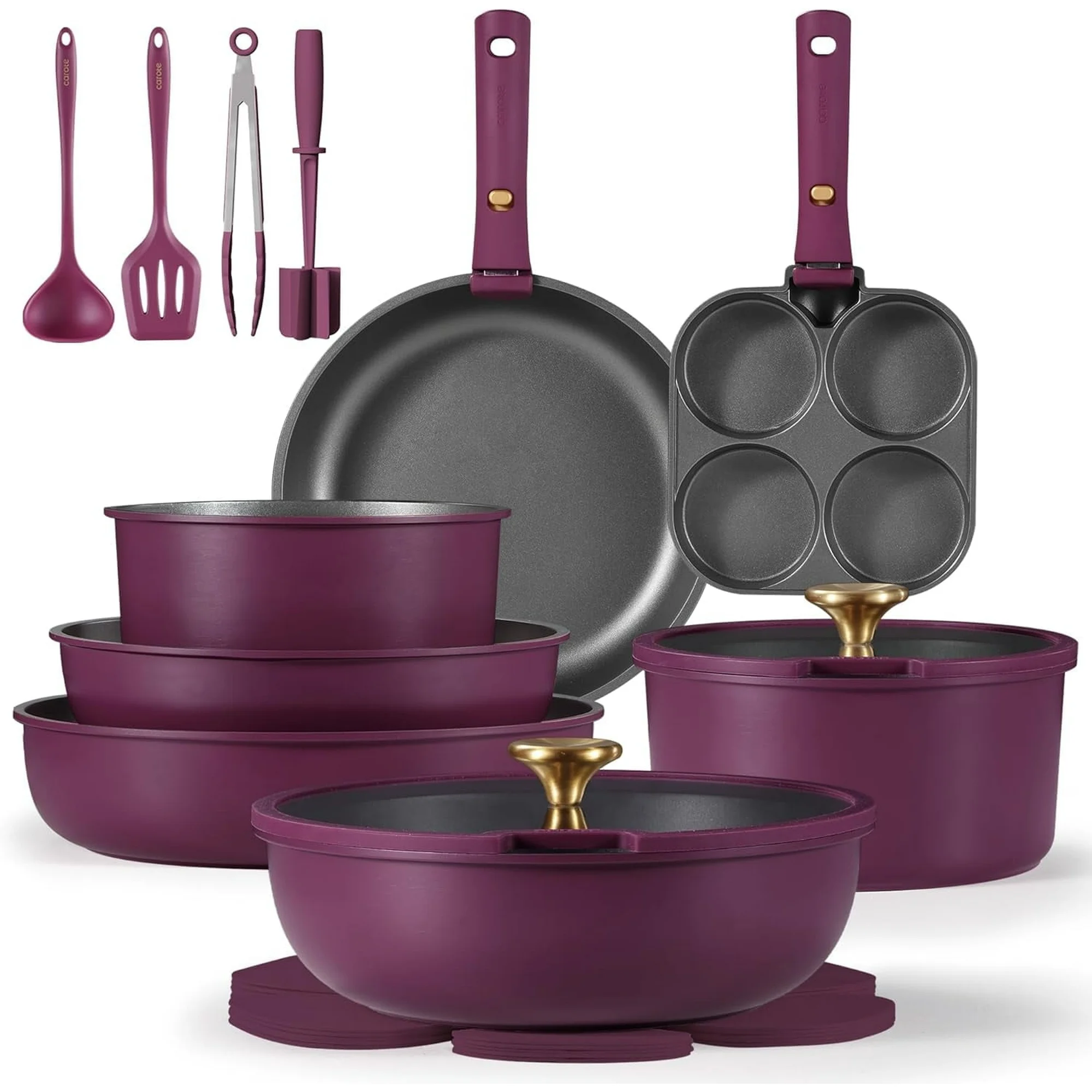 Carote 20 Pcs Nonstick Cookware Sets, Pots and Pans Set with Detachable Handles, Oven Safe, Induction Cookware, Stackable Kitchen Cooking Set, Ultra Violet