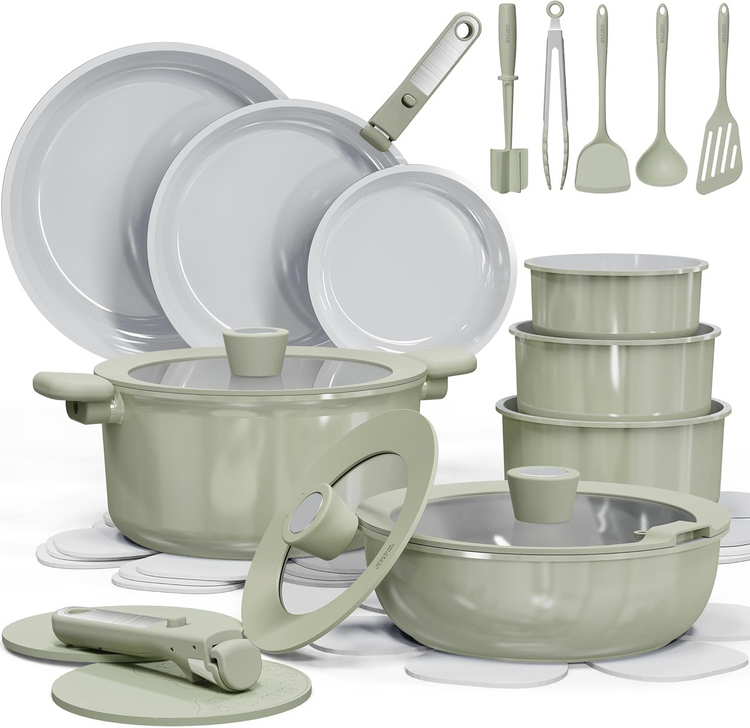 CAROTE 27pcs Ceramic Cookware Set Nonstick, Pots and Pans Set Non stick, Non Toxic Cookware, Dishwasher/Oven Safe, RV/Camping Cookware Set, Pan and Pot with Kitchen Utensils, Green