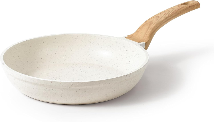 CAROTE 12" Non Stick Frying Pan Skillet, Omelet Pan, Healthy Non Toxic Granite Chef Pan, Induction Compatible Egg Frying Pan with Heat-Resistant Handle, PFOA-Free, Cream White