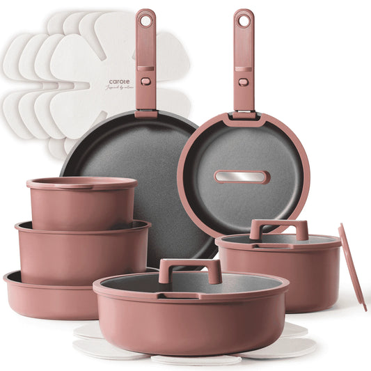 Carote 20Pcs Nonstick Pots and Pans with Detachable Handle, Premium Kitchen Cookware Sets, Chestnut
