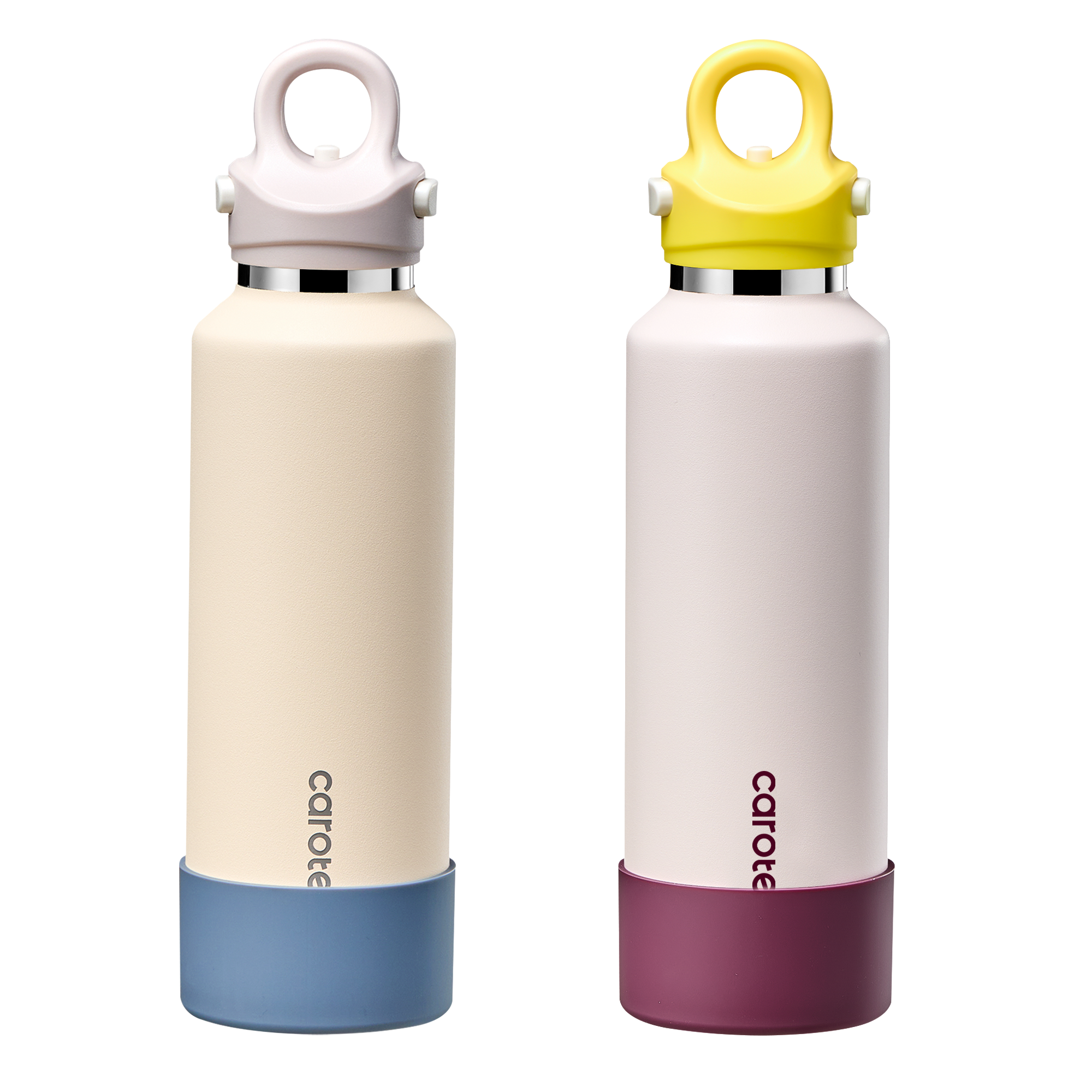 CAROTE 2-Pack Insulated Stainless Steel Water Bottles, One Click Open Tumblers with Removable Silicone Boot Sleeve, Leakproof and BPA Free, Great for Travel, 20 Oz, Blue and Purple