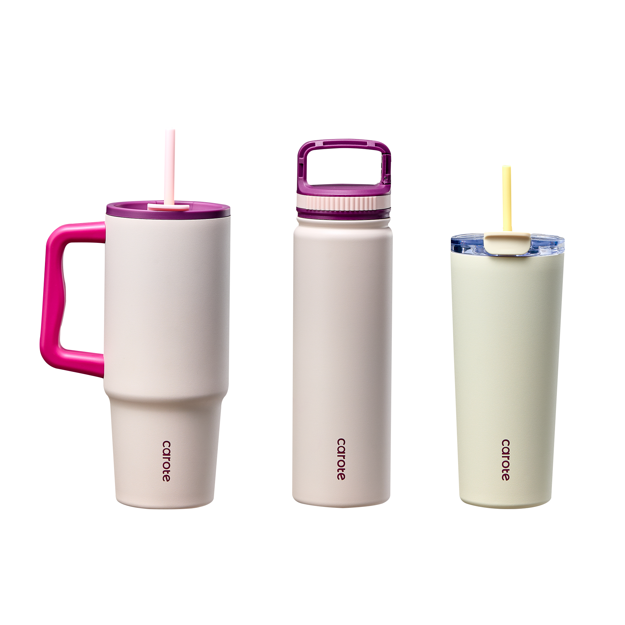 Carote 3pcs Cupholder-Friendly Insulated Stainless Steel Water Bottle and Tumbler Set with Handles and Straw, 34 fl oz and 24 fl oz, Pink