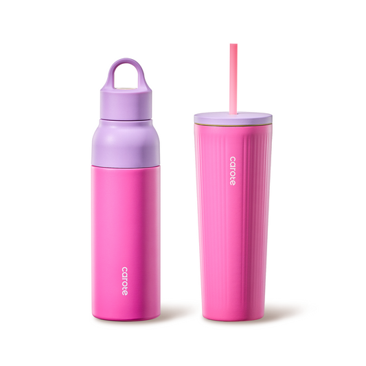 CAROTE 19 oz One-Click Open Insulated Water Bottle & 21 oz Tumblers with Lid and Straw,  Double-Wall Insulated Stainless Steel, Leakproof Lid with Handle, Essential for Travel, School, Sports(Rose Pink)