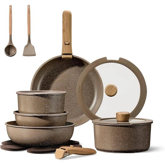 CAROTE 17-Piece Nonstick Cookware Set with Detachable Handle, Induction Compatible, Oven Safe, Brown Pots and Pans for Kitchen & RV