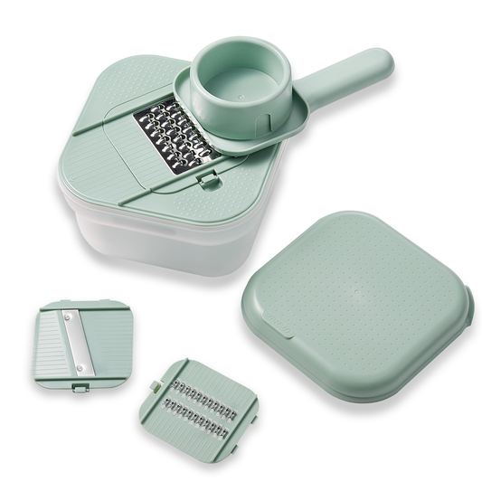 Carote Manual Mandoline Slicer with Container, 3 in 1 Vegetable Slicer & Cheese grater with Coarse Fine Slicer Blades, BPA-Free Container with Removable Handle, Compact for Onion, Zucchini, Sage Green