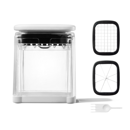 CAROTE French Fry Cutter for Potatoes, 2 in 1 Manual Vegetable Chopper & Potato Slicer with 8-Wedge Blade & Dicer Grid, BPA-Free Container, Versatile for Apple, Onion, Tomato, Black & White