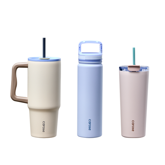 CAROTE 3-Pack Insulated Stainless Steel Water Bottles with Upgraded Leakproof Tech, Travel Coffee Tumplers with Straw, Water Bottle with Lid, Great for Travel, Sports & Daily Use , 34/24/24 oz Heart Paradise Straw Tumbler Set of Three (Blue)