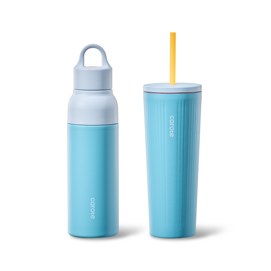 CAROTE 19 oz One-Click Open Insulated Water Bottle & 21 oz Tumblers with Lid and Straw,  Double-Wall Insulated Stainless Steel, Leakproof Lid with Handle, Essential for Travel, School, Sports(Vibrant Blue)
