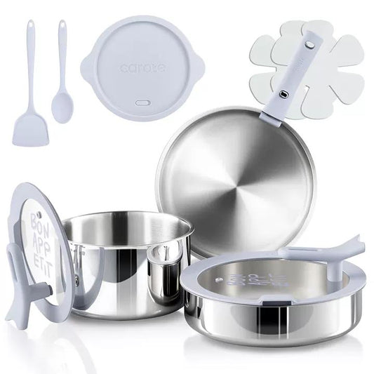 CAROTE Tri-Ply Stainless Steel Cookware Set with Stand-Up Lid, 11Pcs Pots and Pans Set Non Stick, Induction Kitchen Cooking Sets with Detachable Handle, Oven Safe to 600°F, Non Toxic Dishwasher