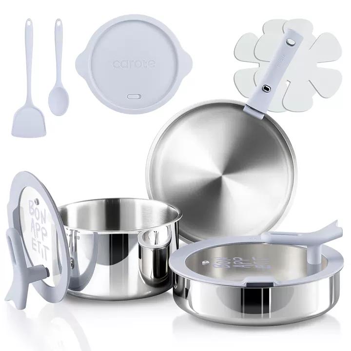 CAROTE Tri-Ply Stainless Steel Cookware Set with Stand-Up Lid, 11Pcs Pots and Pans Set Non Stick, Induction Kitchen Cooking Sets with Detachable Handle, Oven Safe to 600°F, Non Toxic Dishwasher