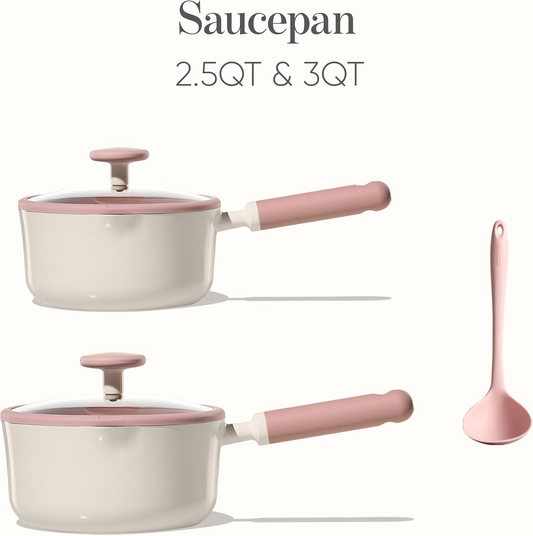 Carote 2.5QT & 3QT Ceramic Nonstick Saucepan Set with Lids, Small Cooking Pot, Induction Compatible, Pink