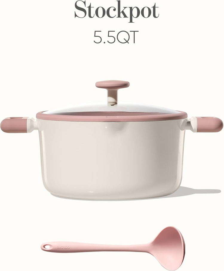Carote 5.5 QT Stock Pot with Strainer Lid, Ceramic Nonstick Soup Pot, Induction Compatible, Pink