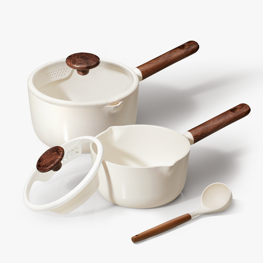 Carote 4-Piece Saucepan Set with Lid and Wooden Spoon, Nonstick Milk Pan for Small Meals, Induction Compatible Cookware