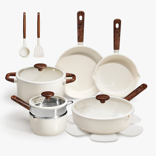 Carote Nonstick Cookware Set 15-Piece,Kitchen Pots and Pans Set,Stay-Cool Handles, Induction Compatible,Cookware Set for RV and Camping,White