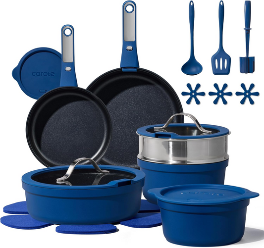 CAROTE 22pcs Pots and Pans Set Non Stick, Nonstick Cookware Set, Dishwasher/Oven/Fridge Safe Pots and Pans, Removable Handle RV Oven Safe Cookware, Induction Kitchen Set, Blue