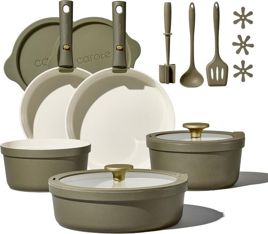 Carote 21 Pcs Nonstick Pans Set, Nonstick Skillets with Detachable Handle, Oven Safe, Induction Cookware, Stackable Kitchen Set, Green