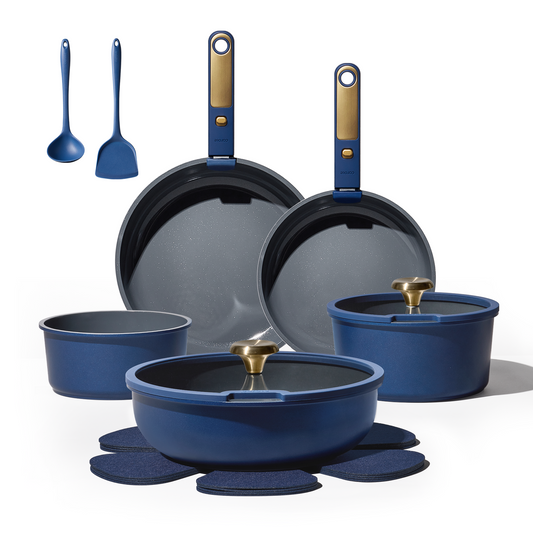 Carote 15 Pcs Ceramic Cookware Set, Pots and Pans Set Non Stick with Detachable Handles, Oven Safe, Induction Cookware, Stackable Kitchen Set, Blue