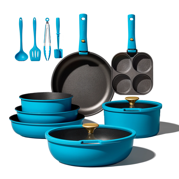 "  Carote 21 Pcs Nonstick Cookware Sets, Pots and Pans Set with Detachable Handles, Oven/Dishwasher Safe, Stackable Kitchen Cooking Set, Induction Cookware, Peacock Blue"