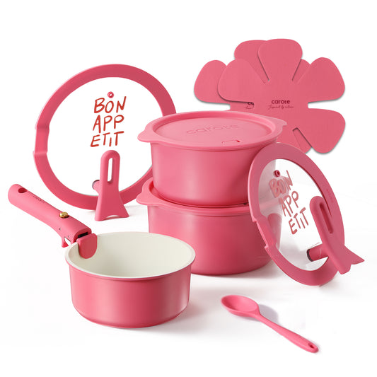 Carote 11 Pcs Nonstick Pans Set, Nonstick Skillets with Detachable Handle, Oven Safe, Induction Cookware, Stackable Kitchen Set, Rose Pink