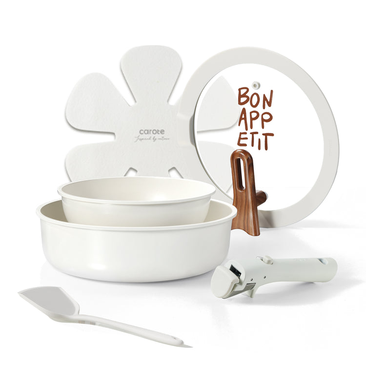 CAROTE Pots and Pans Set Non Stick, Nonstick Kitchen Cookware Sets with Lid, Detachable Handle Sauce Pan Set, Non Toxic Frying Pans, Oven Safe, Induction Ready, Cream White