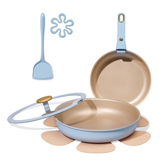 CAROTE Titanium Nonstick Reinforced Frying Pans Skillets 2 piece Set with Lids, Non-Stick Fry Pan Egg Pan with Detachable Handle, PFOS, PFOA Free, Induction Compatible(10-inch & 12-inch), Blue