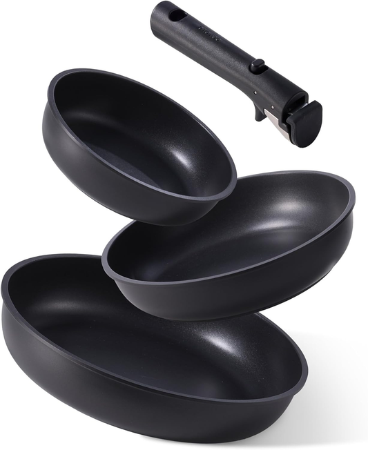 CAROTE Non Stick Frying Pans, 8"+10"+12” Frying Pan Egg Pan Omelet Pans with Detachable Handle, Stone Non Toxic Cookware, PFOA Free, Induction Compatible & Oven Safe, Dishwasher Safe, Black