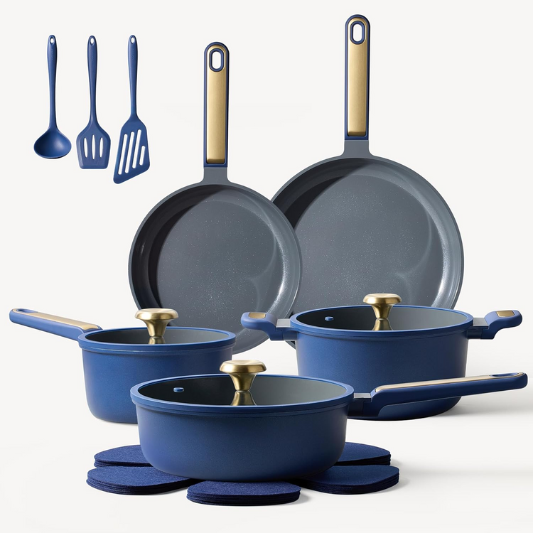 CAROTE Ceramic Cookwar Set, Pots and Pan Set Non Stick 16 Piece, Cookware Set Kitchen Cooking Set Non Toxic, PFAS PTFE Free, Blue